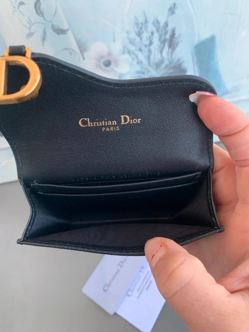 Dior Black Leather Compact Flap Wallet with Gold 'D' Charm